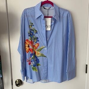 ZARA Blue and White Striped Shirt with Floral Print NWT!